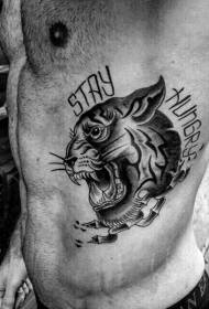 side Rib traditional black tiger head and letter tattoo pattern