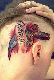 男生头部经典超酷的匕首纹身图案