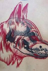 vilku galvas tetovējuma modeļa aizmugurējās sarkanās un melnās līnijas elementi