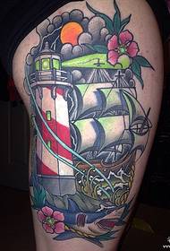 thigh painted shark sailing European and American lighthouse tattoo pattern