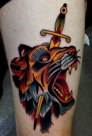 thigh old school colored lion head dagger tattoo pattern