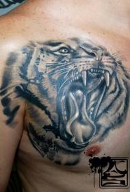 Chest amazing black and white roaring tiger head tattoo pattern