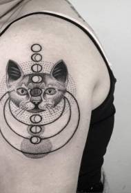 big black engraving style cat head and planet tattoo pattern