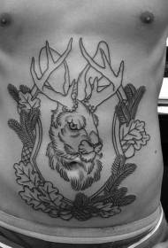 belly black line deer head with leaf tattoo pattern