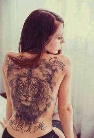 girl back big lion head And letter tattoo pattern