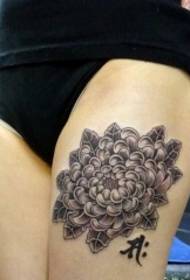 sexy beauty thighs chrysanthemum and Chinese tattoo pattern  36330 - New traditional style flower pattern tattoo on the calf