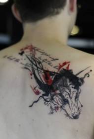 back modern style colored wolf head splash ink tattoo pattern
