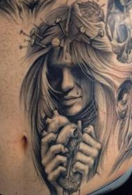 creepy black and white woman avatar heart tattoo pattern
