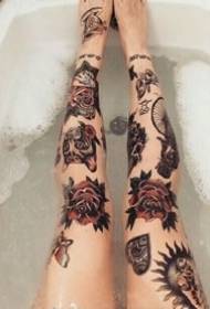 9 girls beautiful flower legs tattoo pattern works