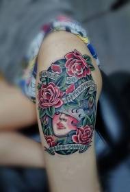 thigh old school rose girl painted tattoo pattern