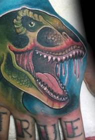 ръка обратно нов училище цвят окървавен модел на татуировка на главата на динозавър