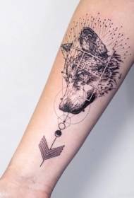 Stil gravură Cap de lup negru cu model de tatuaj geometric