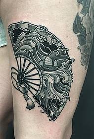 thigh Japanese traditional fan wave tattoo pattern