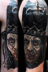 creepy big arm evil monster head with Graveyard tattoo pattern