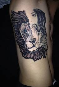 unusual combination color lion head Tattoo with female face