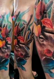 calf beautiful color deer head maple leaf tattoo pattern