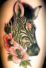 beautiful colorful zebra head with pink flower tattoo pattern