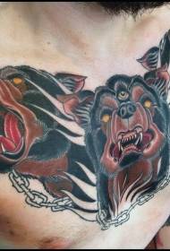 Mellkas illusztrátor stílusú színes pokol kutya tetoválás mintával