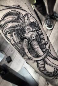 Impresionante patrón de tatuaxe de cráneo de elefante en liña negra