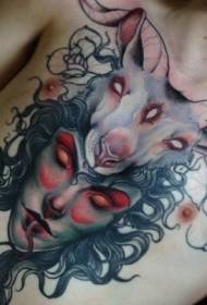 chest color horror style demon face and goat head tattoo pattern