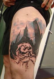 leg black and white big city architectural tattoo pattern