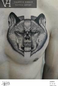 brystgravering stil sort kranium kombineret med ulvehoved tatoveringsmønster