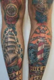 leg tattoo boys shank on the sailboat and lighthouse tattoo Picture
