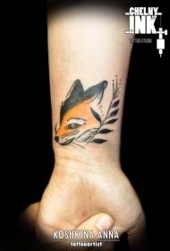 wrist color fox head Tattoo with plant tattoo