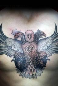 chest tribe totem with color three-headed eagle tattoo pattern
