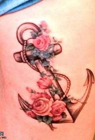 腿部玫瑰船锚纹身图案