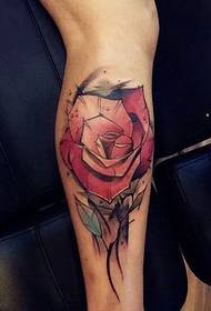 color rose tattoo pattern on the calf is very eye-catching