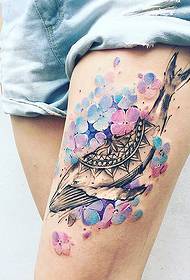 leg color whale and flower tattoo pattern