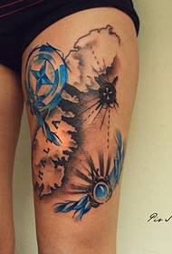 leg color compass tattoo pattern