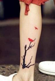tree red bird tattoo pattern on the leg