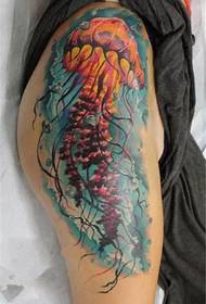 female thigh a giant painted jellyfish tattoo