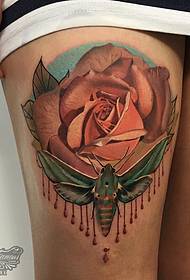 thigh school3D rose moth pattern tattoo