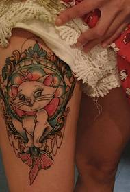 girl thighs a cute flower cat tattoo pattern