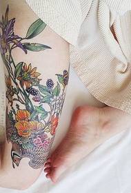 female thigh color floral tattoo pattern