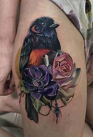 calf bird rose flower painted realistic tattoo pattern