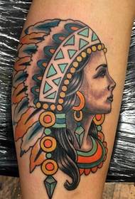 Traditional style Indian character portrait tattoo picture on the calf