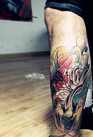 Tattoo pattern with calf squid and lotus