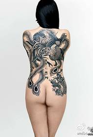 A female full back black and white phoenix tattoo pattern