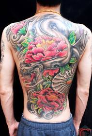 Full back python peony flower tattoo pattern - Tianjin tattoo shop tattoo works