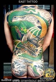 Super bonito cor cheia volta padrão de tatuagem de cobra verde