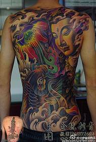 Full back watercolor five-color Guanyin squid lotus tattoo pattern