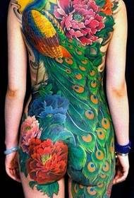 Full back phoenix peony flower tattoo pattern