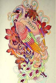 Una imagen de patrón de manuscrito de tatuaje de pavo real de personalidad colorida a todo color
