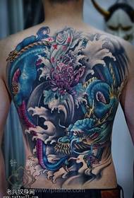 Full back color dragon squid chrysanthemum tattoo pattern