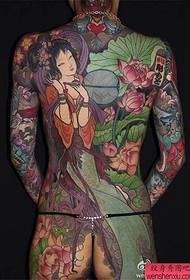 Full-back color female figure tattoo works