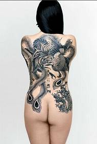 A full nude female full back black and white phoenix tattoo pattern